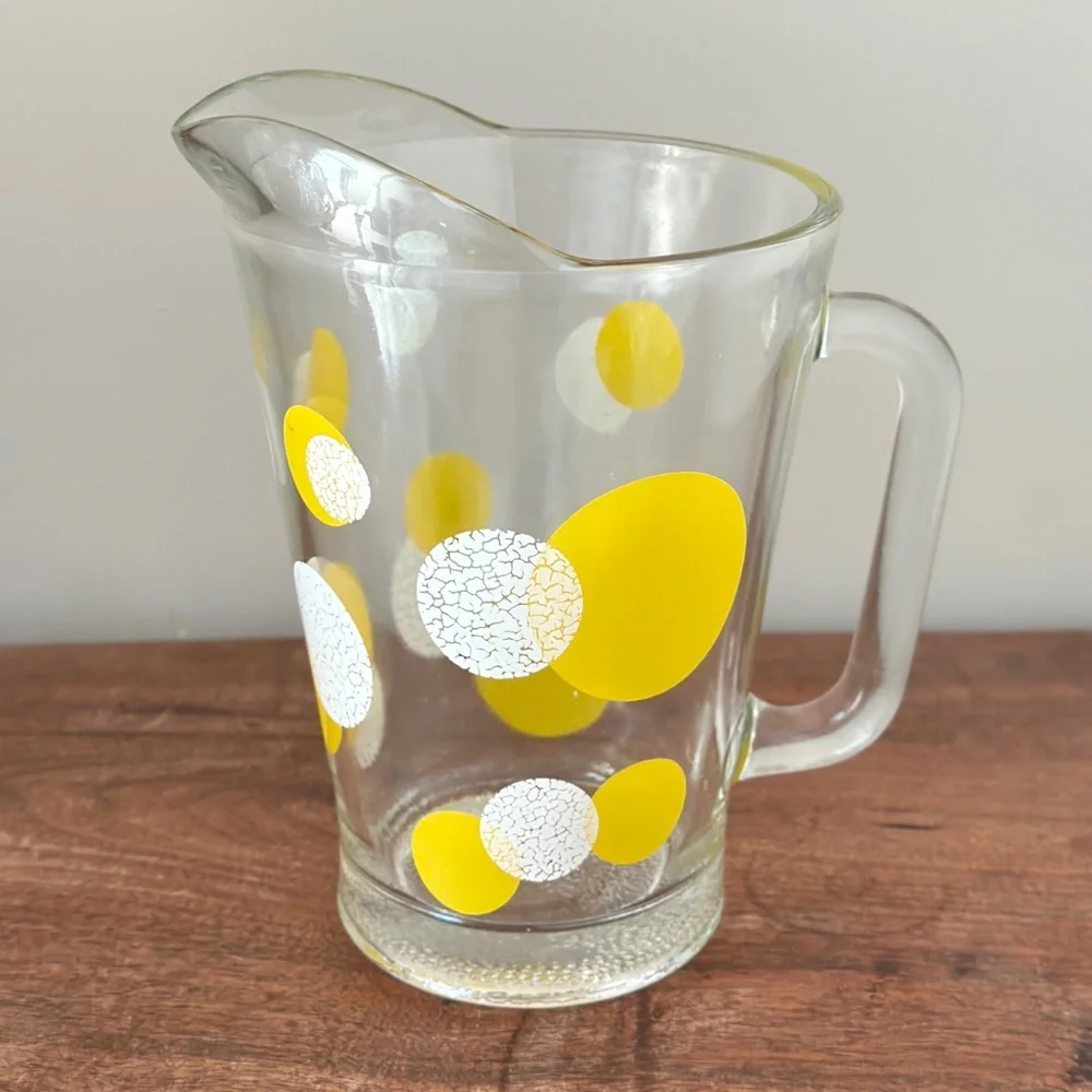 Mid Century Pitcher Polka Dots Glass Barware Yellow White Retro 70s 60s Kitchen